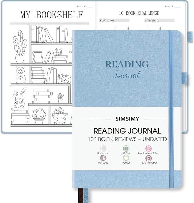 Reading Journal with 104 Book Reviews, Book Journal for Books Lovers & Readers - Review and Track Your Reading Progress, Reading Log Notebook Gift, A5, Blue