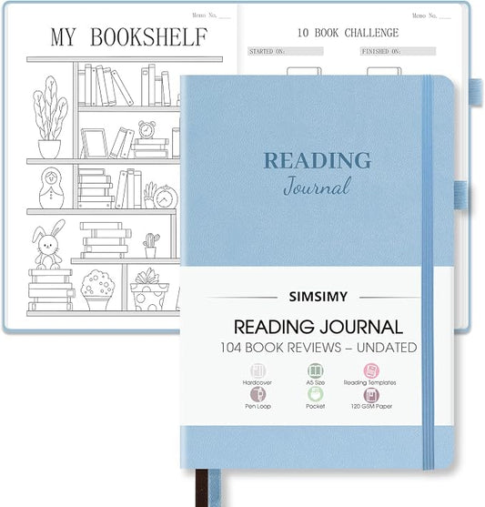 Reading Journal with 104 Book Reviews, Book Journal for Books Lovers & Readers - Review and Track Your Reading Progress, Reading Log Notebook Gift, A5, Blue