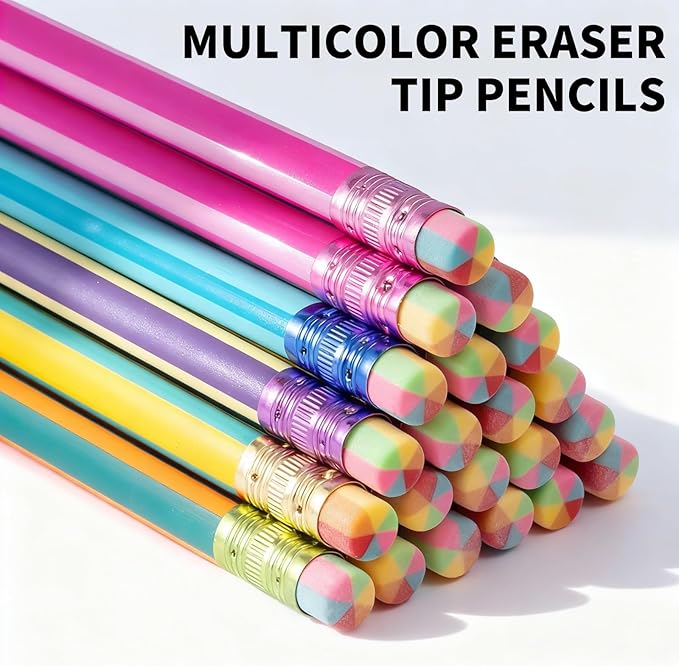 M&G Aurora Series 24 Pack HB Triangular Wood-Cased Pencils, Unsharpened with Erasers, Smooth Writing Break-Resistant Core, 6 Two-Tone Striped Colors for School Office Classroom Supplies