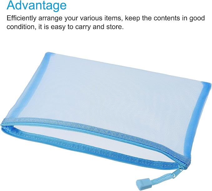 MECCANIXITY Mesh Zipper Bags, A5 Nylon Zip Pouch Pencil Case Storage Pockets for Travel Office Accessories, Sky Blue Pack of 6