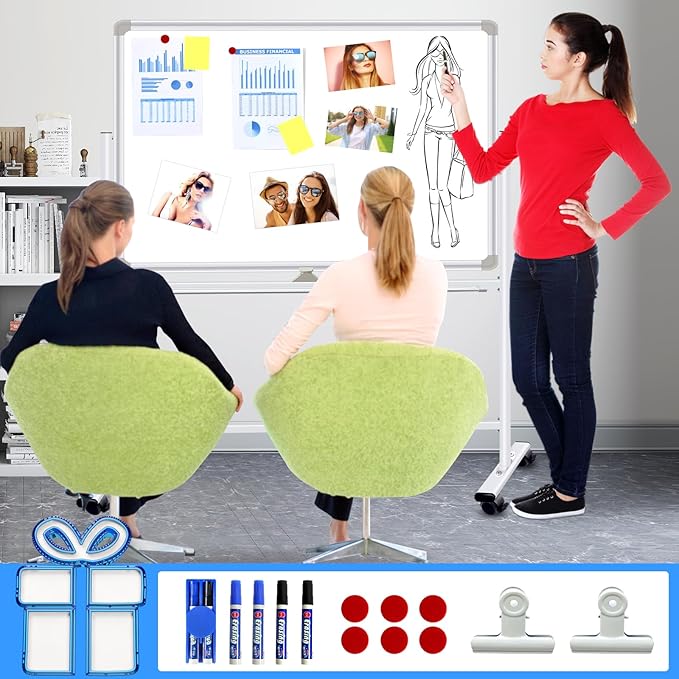 Dry Erase Board with Stand - 40x28 Inches Double-Sided Mobile Standing Whiteboard on Wheels, Rolling White Board for Home Classroom Office School, Magnetic Whiteboard Easel for Meeting, Training