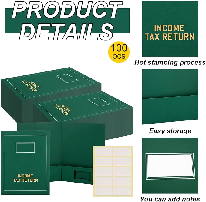 Kisston 100 Pcs Tax Return Folders Bulk 2 Pocket Gold Foil Stamped Income Tax Folders with Labels Business File Office Blank Organizer (Green)