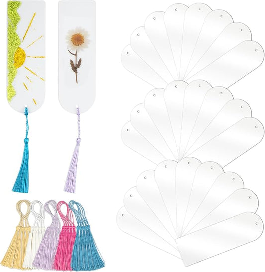 Acrylic Bookmarks Blanks Bulk 50PCS Semicircle Clear Bookmark Plastic Blank 25 Sets with 5 Color Tassels for Vinyl DIY Craft (5.9 * 2.0 inch)
