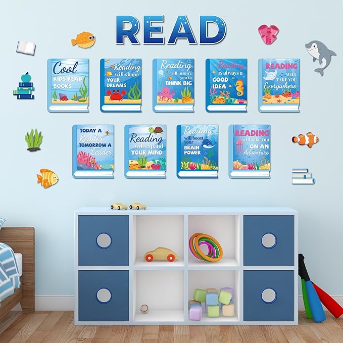 Under The Sea Reading Bulletin Board Poster for Classroom Motivational Dive Into Reading Bulletin Board Ocean Blue Animal Cutouts Elementary Educational Prints Poster for Teachers Preschool Library