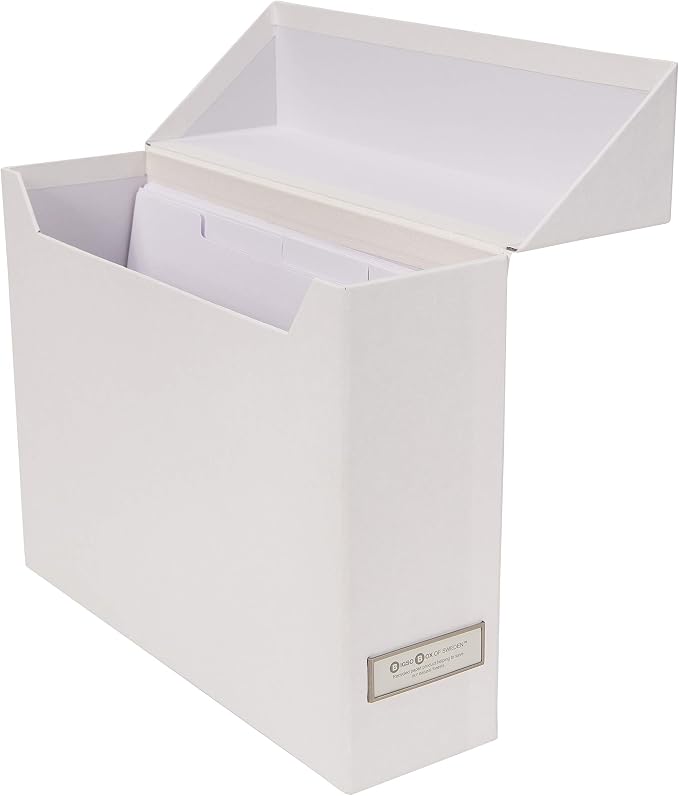 Bigso Lovisa Fiberboard Label Frame 12 File Storage Box | Document Organizer for Important Paperwork | Durable Hanging File Box with a Flip Top Lid & Metal Label Window | 3.7” x 13” x 9.4” | White