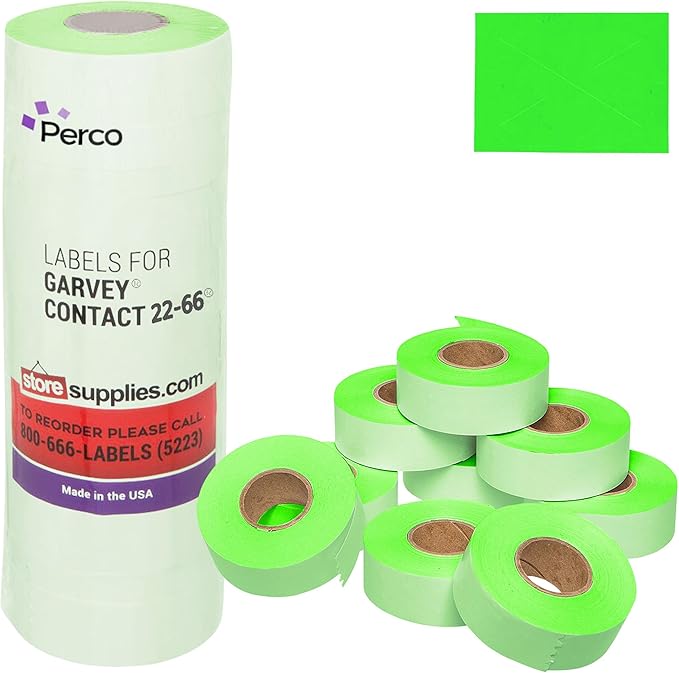 Perco Fluorescent Green Garvey 2216 Pricing Labels for Garvey 22-66/22-77/22-88 Two Line Pricing Gun - 9 Rolls, 1 Sleeve - 9,000 Pricemarking Labels and 1 Inker Included