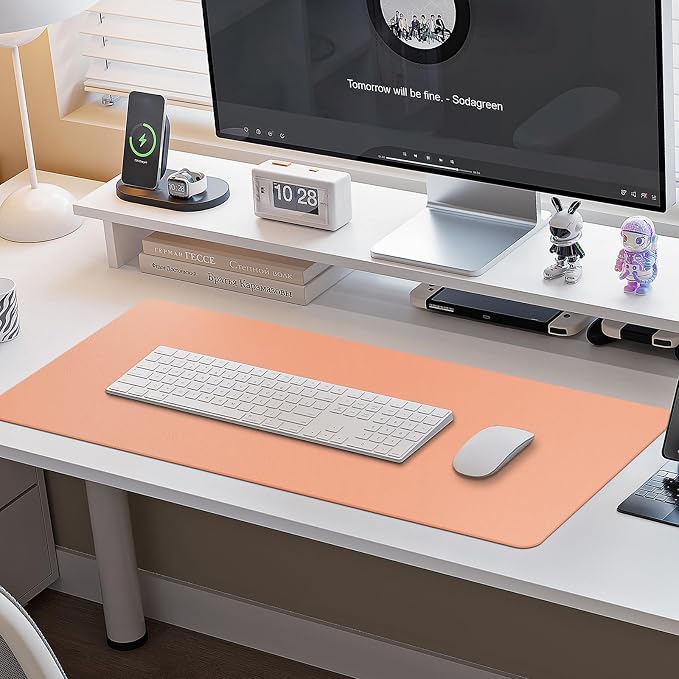 Boutilon Leather Desk Pad Protector,Non-Slip Mouse Pad,Laptop Desk Pad,Office Mouse Mat,Waterproof Leather Desk Blotter,Desk Writing Pad for Office and Home (XXL-Orange Pink,47.2"x 17")