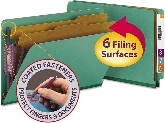 Smead End Tab Classification Folder, Legal, Straight, 2 Dividers, Green, 10 per Box (29785)