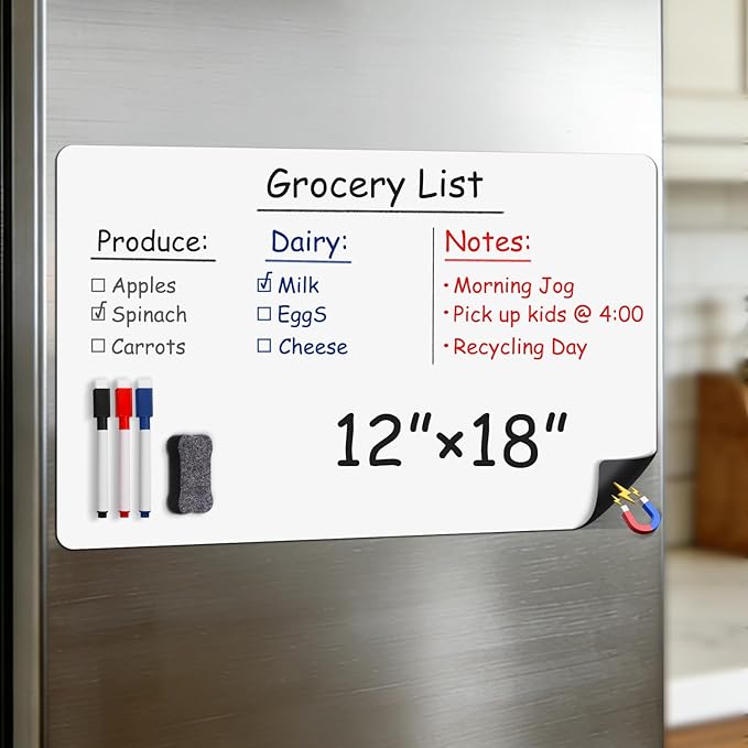 Magnetic Whiteboard for Fridge 18"x12": Magnet Dry Erase Board Sheet for Kitchen Curved Refrigerator as Grocery List Organizer with Markers and Eraser