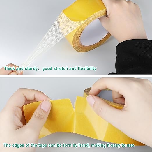 Double Sided Fabric Tape Heavy Duty, 2In x 66FT Strong Sticky Clear Tape for Clothes, Double Stick Carpet Tape, Strong Wall Adhesive with Fiberglass Mesh, High Stickness Heavy Duty 2 Sided Tape
