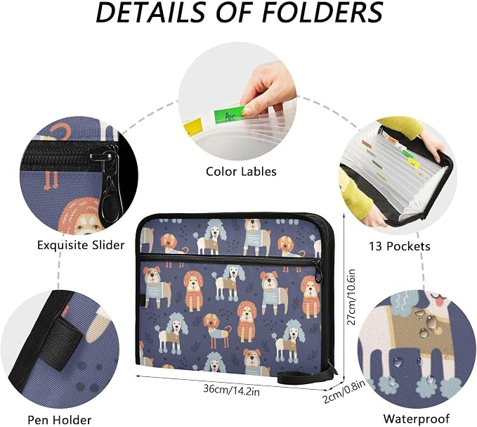 13 Pockets Expanding File Folder Poodle Dog Dogs Children with Sticky Labels Accordion File Folder Document Organizer Letter Size A4 Papers Expandable File Keeper
