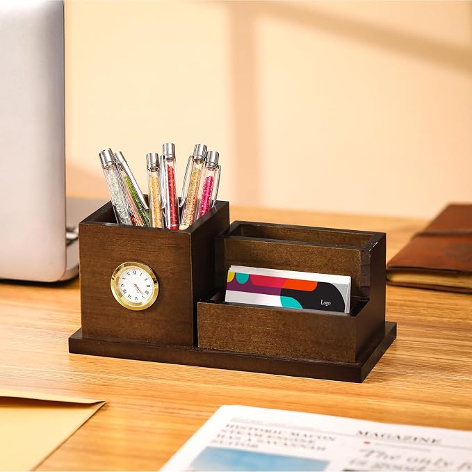 Watersay Wood Business Card Holders with Clock Pen Holder Lawyers Gifts for Men and Women Desk Organizer for Attorney Lawyers Professionals Boss Birthday Ideal Gift
