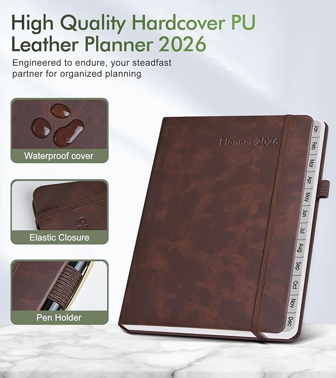 2026 Weekly & Monthly Planner, 12 Months Hardcover Planner from January 2026 - December 2026, Leather Agenda Organizer Book 2026 with Tabs, Daily Calendar Planners for Work School Home, A5 (5.75" x 8.38"), Brown