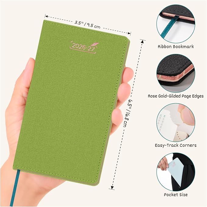 BEZEND Pocket Monthly Planner 2026 2027 Extra Thin & Light (Slim 3.5" x 6.5"), 18-Month Academic Mini Calendar (Jul 26 - Dec 27), Ideal for Students & Professionals, PU Leather Softcover - Fruit Green