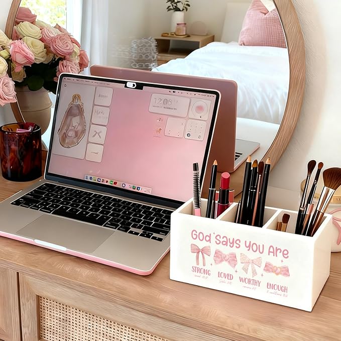 Coquette Pink Bow Christian Pen Holder, Christian Gifts for Women Pencil Holder for Desk, God Says You Are Bible Verse Wooden Box Sign Decorations for Girly Room Bedroom Dorm Desk Tabletop