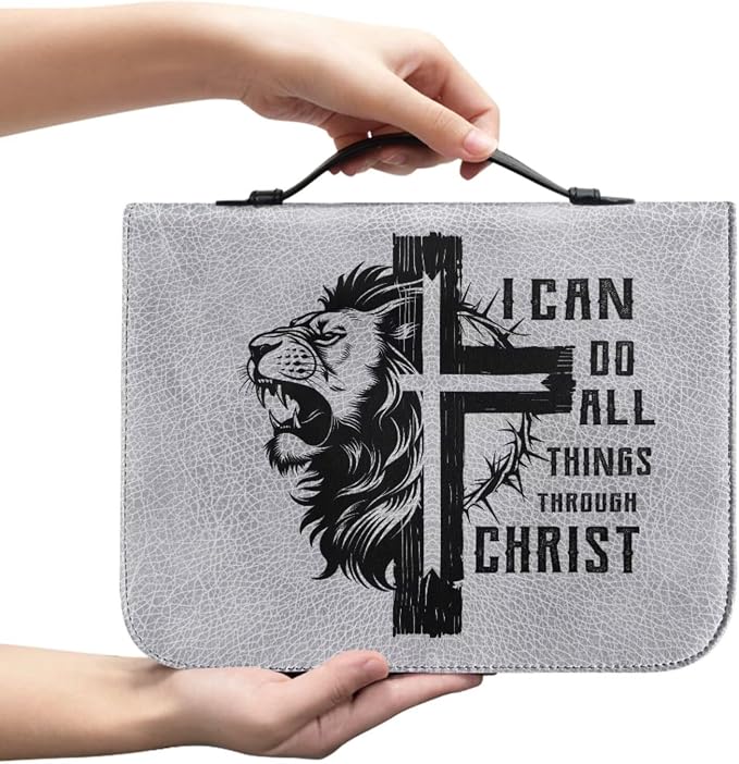 Vintage Cross and Lion Bible Case with Bookmark Waterproof Bible Cover Case for Women Lightweight Bible Bag with Handle Pockets Church Book Bag Grey