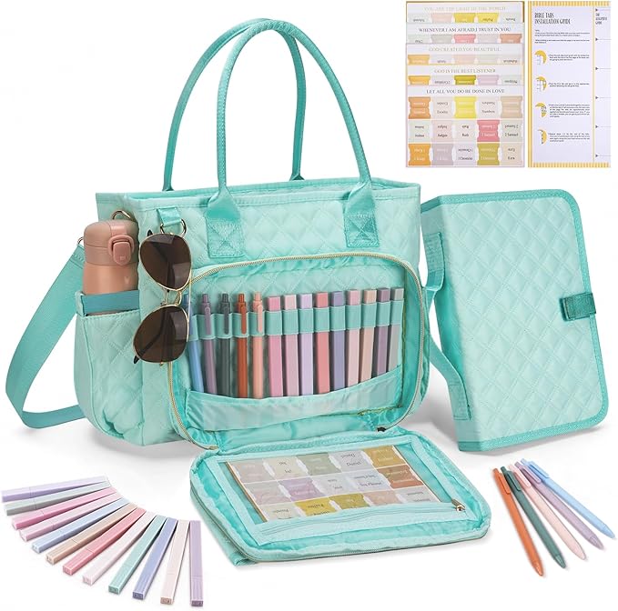 KOPKOFT Large Bible Cover Case for Women, Quilted Church Tote Bag with Shoulder Strap, Bible Study Supplies Journaling Kit Bible Accessories, Christmas Christian Gift for Women (Blue Green)