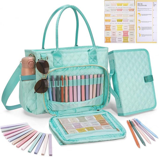 KOPKOFT Large Bible Cover Case for Women, Quilted Church Tote Bag with Shoulder Strap, Bible Study Supplies Journaling Kit Bible Accessories, Christmas Christian Gift for Women (Blue Green)