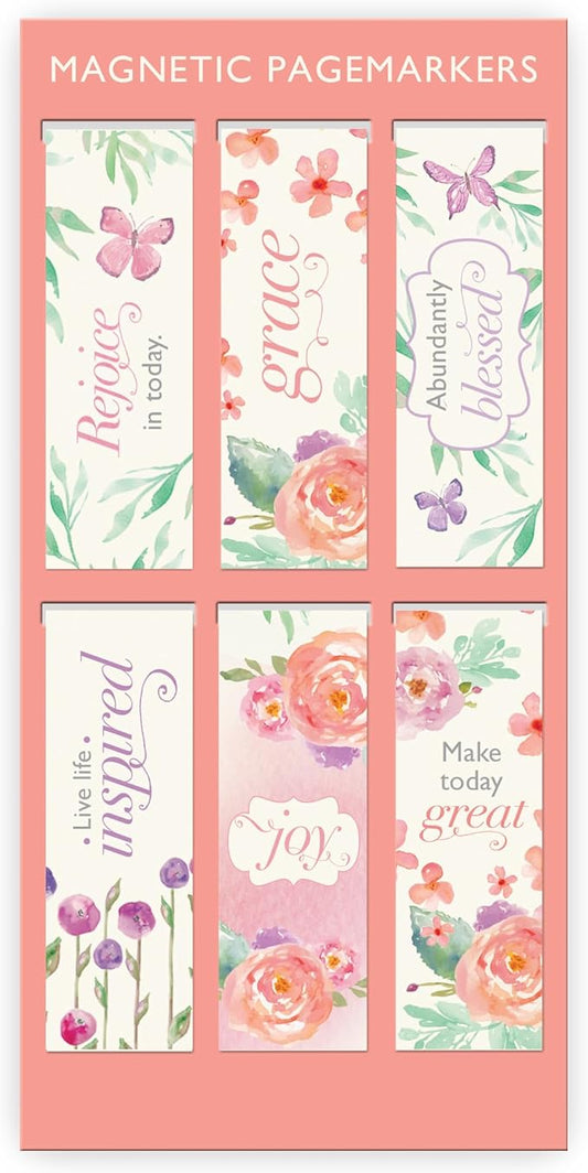 Christian Art Gifts Magnetic Scripture Bookmark Set for Women: Blossoms of Blessings - Inspirational Pink & Purple Floral Magnetic Bible Verse Pagemarker Set of 6 for Bibles and Books Size 2.3” x 0.8”