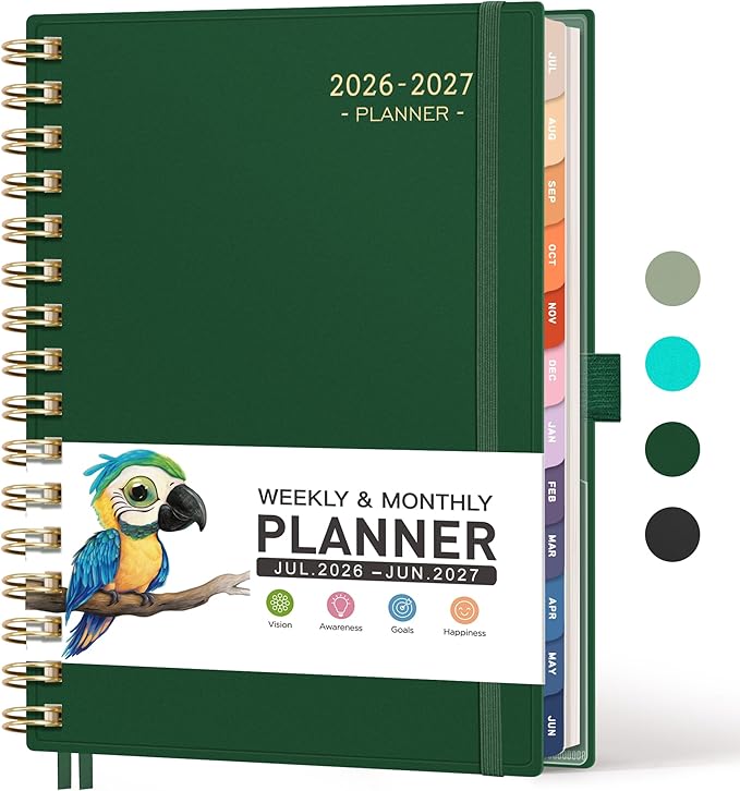 RETTACY Academic Planner 2026-2027, Weekly and Monthly, July 2026 - June 2027, Medium Size (5.7" x 8.3"), Calendar, Agenda, 12-Month Tabs, for Student, Teacher, School (Dark Green)