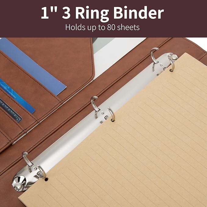 Personalized Vegan Leather 3 Ring Binder, Custom 8.5 x 11 Letter Size Folio with Pen Holder, Soft Notebook Portfolio Cover, Notepad Padfolio Organizer for Meeting, Brown
