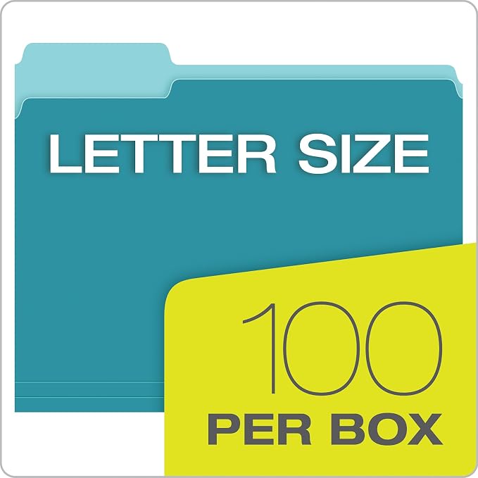 Pendaflex Colored File Folders, 100 Pack, Letter Size (8.5" x 11"), Durable Teal Folders, 3 Tabs for Easy Labeling, Colorful School, Office & Home Document Organization