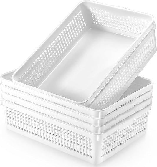 A4 Size Plastic Storage Basket Tray,6 Pack Plastic Paper Storage Trays,Desktop File Paper Letter Organizer Basket for Classroom, Office, Home (White)