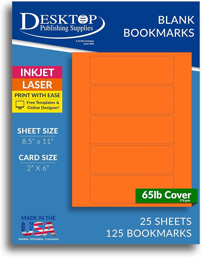 Printable Bookmarks - Blank Bookmark Printing Paper for Inkjet & Laser Printers - 2" x 6" Perforated Bookmarks 5 per Page - 25 Sheets / 125 Book Marks (Bright Orange)