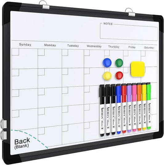 Monthly Calendar Whiteboard for Wall, 16x12 Inches Dry Erase Board, Small Magnetic White Board, Double-Sided Hanging Board for Office School Home Kitchen, Portable Board for Drawing Planning, Black