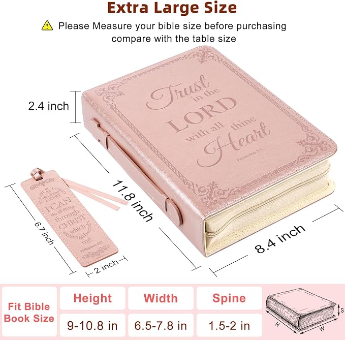 Large Bible Cover Case for Men Women, Mens Bible Covers Cases Leather Bible Cover Carrying Case for Women Men with Handle Zippered Bible Book Cover Holder Bag Case(Rose Gold, L)