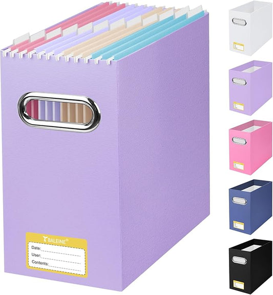 BALEINE File Organizer Box, Cardboard File Folder Organizer with Handle for Letter Size, Portable Collapsible Hanging Filing Box for Home Office Document Storage (1 Pack, Lavender)