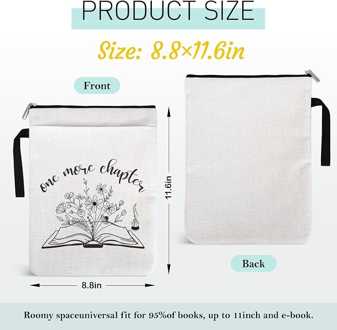 Book Sleeve for Book Lovers, Just One More Chapter Paperback Sleeve with Zipper and Front Pocket for Librarian Lovers, Book Cover for paperbacks 9 x 12 Inch, Bookish Group Club Gifts for Women