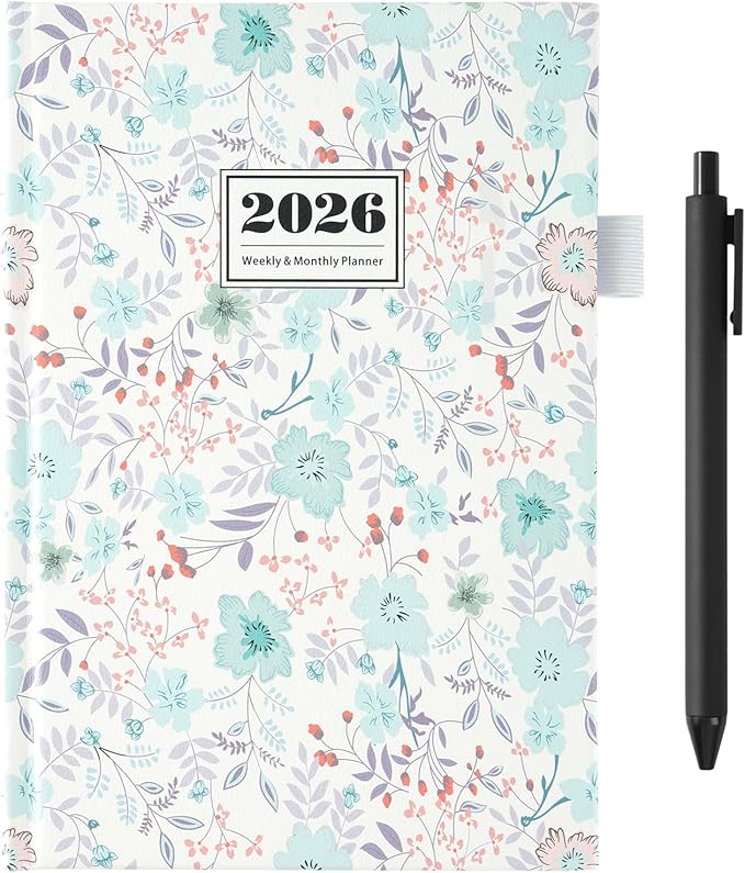 2026 Planner Weekly & Monthly – A5 Size 8.5" x 5.8", PU Leather Hardcover Planner 2026 with Twin-Wire Binding, Thick Paper, 2026 Small Planner Calendar for Home, Office, School-Flower