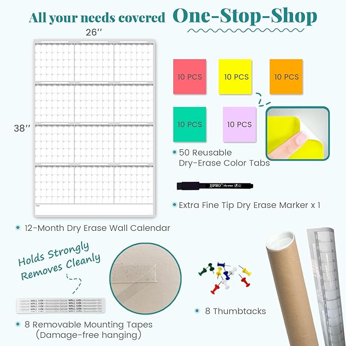 Large Dry Erase Wall Calendar - Blank Undated Yearly Wall Calendar - 38x26 Inches Whiteboard Premium Laminated Planner with 50 Reusable Color Tabs -12-Month Calendar Laminated Office Jumbo (Vertical)