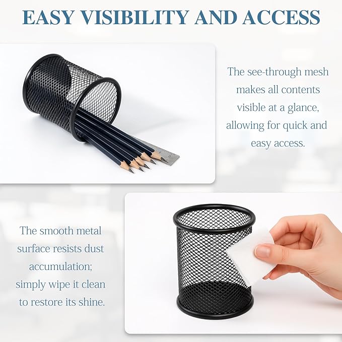 Black Wire Mesh Pen Holder Cup – Durable Steel Desk Organizer for Pens, Pencils, and Office Supplies