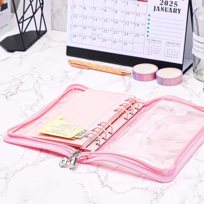 NatSumeBasics Pink A6 Binder Zipper Cash Envelope Wallet 6 Ring Lace Zip Budget Binders Cover for Journaling Planner (Zipper Pink A6 Binder)