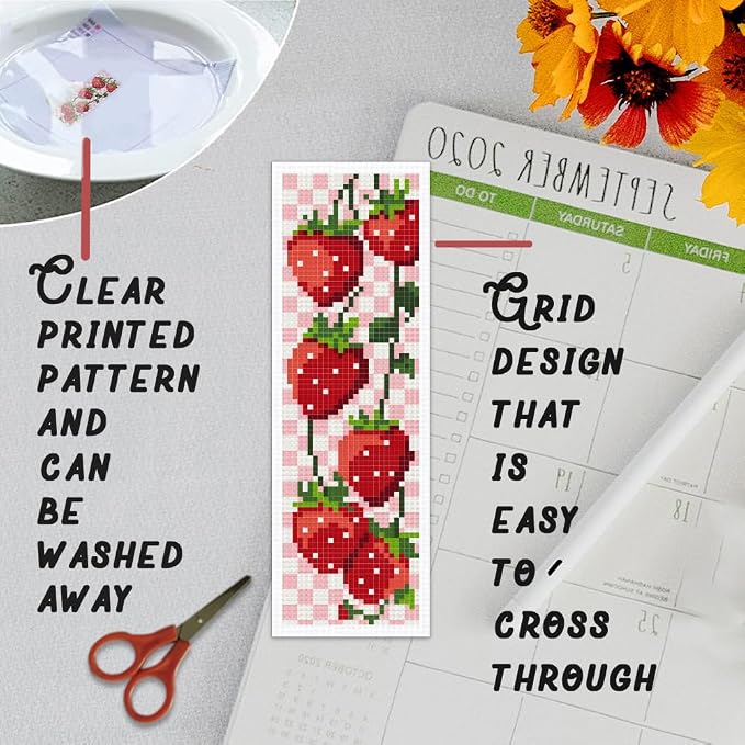 BEUNITONE 6PCS Cross Stitch Bookmarks Kit for Adults Beginners,Strawberry Book Mark DIY Stamped Embroidery Bookmark Kits with Backing Felt Floss,8.5''x3'' Page Markers for Students Teachers Reading
