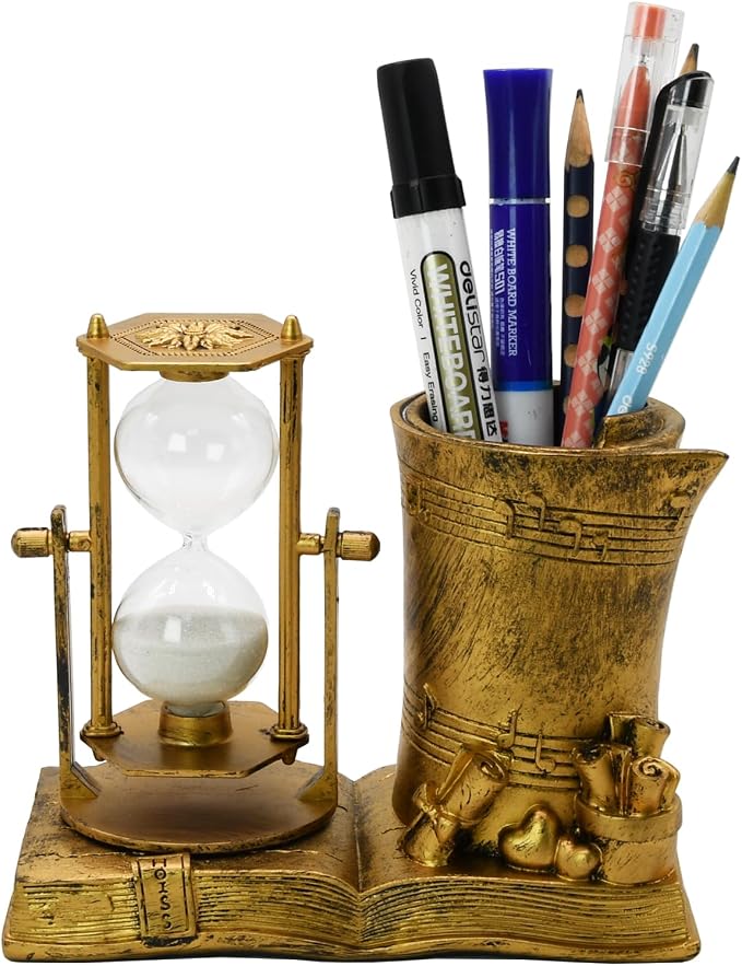 Owlgift Music-Themed Pencil Holder with Hourglass, Resin Desktop Organizer for Office & Study, Pen Holder with Sand Timer, Classic Addition Scissors Storage, Artistic Accessory Gift