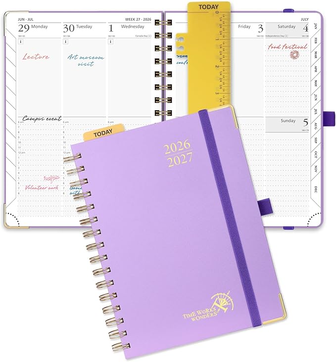 POPRUN 2026-2027 Academic Year Weekly and Monthly Planner Calendar,Jul 2026 - Jun 2027，6.25" x 8.5",Daily Agenda Book & Appointment Book with Hourly Schedule, Tabs, Hardcover, School and Office Supplies - Violet