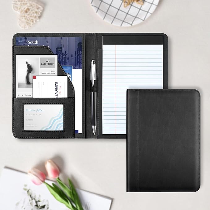 Portfolio/Business Padfolio Binder, Mini Size Document Folder Organizer, Padfolio with Interior Pocket and Pen Loop, 5 x 8 Writing Pad Included, Black