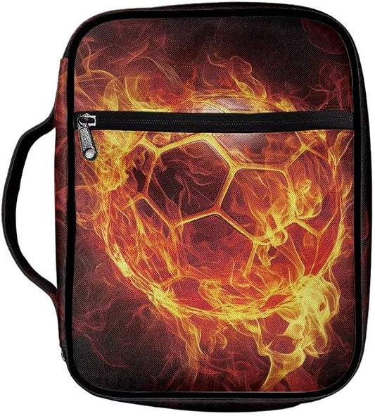 Coldinair Fire Soccer Bible Cover with Handles - Zippered Carrying Case for Boy Teen - Cool Tote Bag Book Cover Accessories - Christian Church Bag Purse