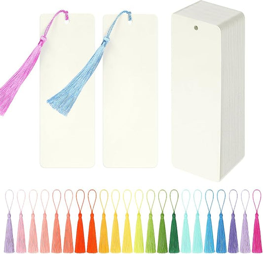 102 pcs Blank Bookmarks with Colorful Tassels – 350gsm Cardstock Bookmark Blanks for DIY Crafts, Holiday Gift Tags, Classroom Projects & Reading Rewards – 5.5 x 2 inch Bookmark Kit (Ivory White)