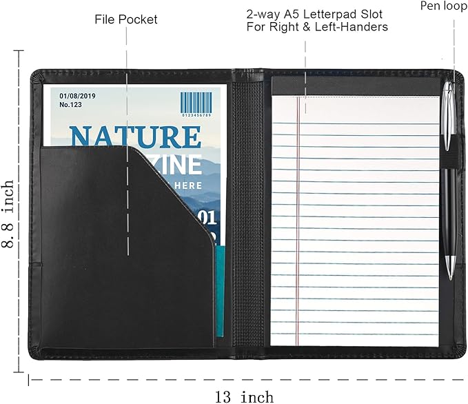 A5 Padfolio Business Portfolio Folder,Junior Size Document Folder Organizer, Padfolio with Interior Pocket and Pen Loop, 5 x 8 Writing Pad Included. Black.