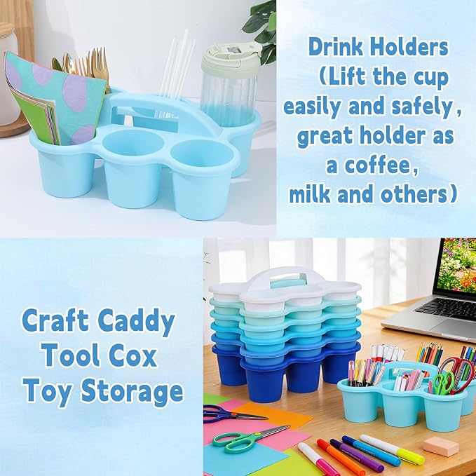 6 Pack Classroom Caddy Organizer with Handle Gradient Blue Plastic Table Caddy Drink Cup Caddies Holder 12x9x3.5 Inches Storage School Supplies 6 Compartments for Table Crayon Pencil Cup Marker Craft