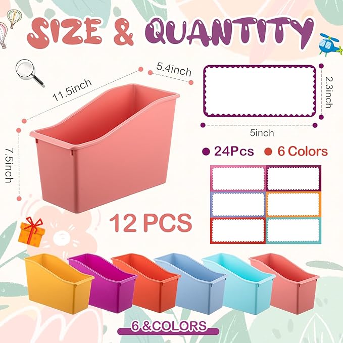 Geetery 12 Pcs Book Bin for Classroom with Labels Stackable Plastic Organizing Bins 11.5 x 5.4 x 7.5 in Book Holders Storage Bins Box Baskets for Classroom Library Home (Wildflower Color)