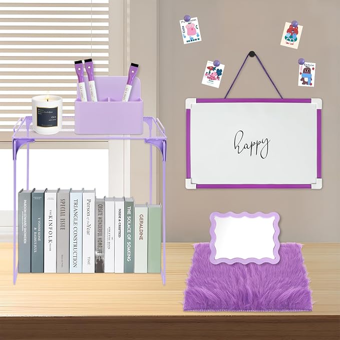 12 Pcs Locker Organizer and Decorating Kit, First Day of School Essentials,Back to School Essentials Locker Decoration, Print Whiteboard with Markers Plush Area Rug String Mirror(Purple)