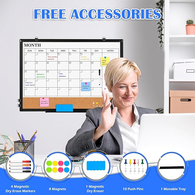 Monthly Calendar Whiteboard Dry Erase Cork Board Combo for Wall, 30" x 20" Double-Sided Calendar White Board and Bulletin Board with Black Aluminium Frame, Planning Board for Office, Home, School
