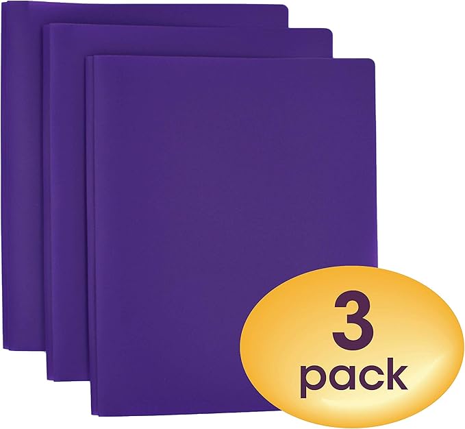 Smead Poly Two-Pocket Folder, Three-Hole Punch Prong Fasteners, Letter Size, Purple, 3 per Pack (87734)