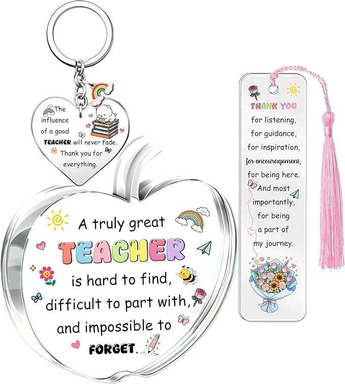 Teacher Gifts for Teachers Day Appreciate Presents Birthday Flower Shaped Signs Bookmark Keychain 3PC Set Graduation Christmas Keepsakes Acrylic Keyring Thank You Plaque Women Men Retirement (Teacher)