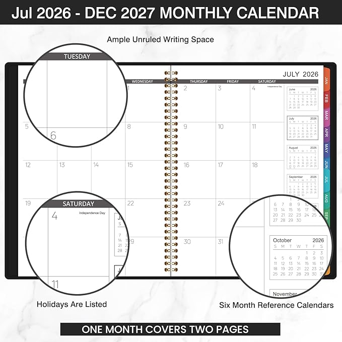 Monthly Planner 2026-2027 - Planner 2026-2027, Jul. 2026 - Dec.2027, 18 Monthly Planner with Colorful Tabs, 8.86" x 11.4", Saffiano Leather, Black Leather